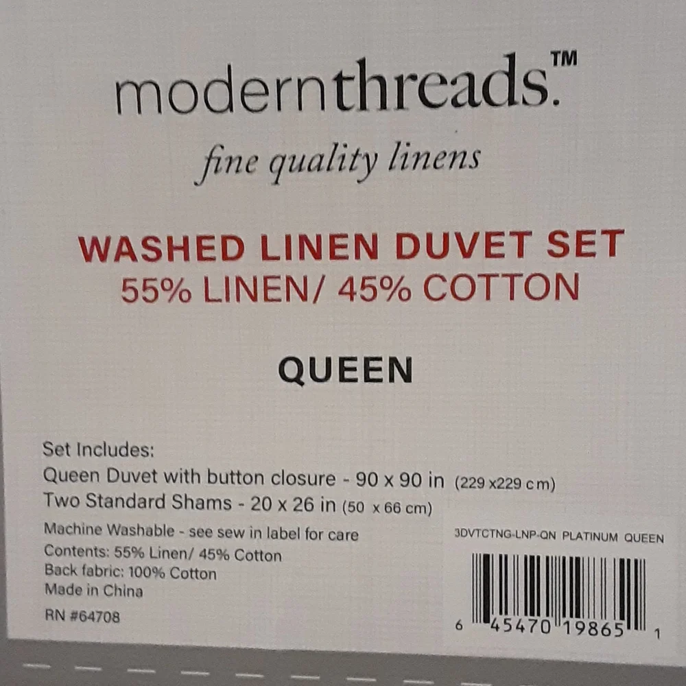 Modern Threads Platinum Natural Fiber washed linen duvet set Queen NEW 90x90